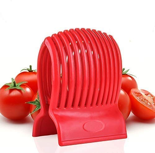 VNDEFUL Multiuse Tomato Slicer Holder,Potatoes Round Fruits Vegetables Tools Kitchen Cutting Aid,Red