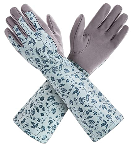KAYGO Lange Gartenhandschuhe für Damen, Kunstleder Gauntlet Wasserabweisend Rosenhandschuhe, Garten Arbeitshandschuhe für Gartenarbeit Hausarbeit Unterarm Schutz vor Dornen, KG129L (Grau, M)