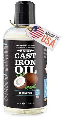 CLARK'S Gusseisenpfanne Öl zum Einbrennen - 354 ml – 100 Prozent Pflanzlich - Kokosnussöl – Vegan – Beugt Rost vor – Erhält Patina auf Gusseisengeschirr wie Gusseisen Topf – Dutch Oven Zubehör