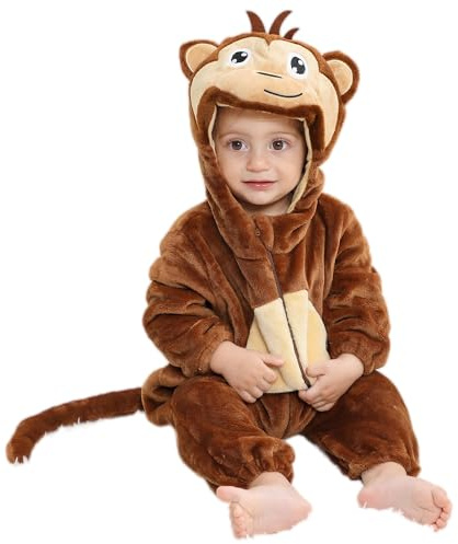 COOKY.D Bébé Fille Garçon Nouveau-né Barboteuse à Capuche Body Automne Hiver Chaud Flanelle Animal Outfits Pyjamas Costume Cosplay, 6-12 Mois, Singe