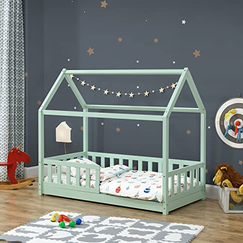 Juskys® Kinderbett Marli 80 x 160 cm mit Rausfallschutz, Lattenrost und Dach - Hausbett für Kinder aus Massivholz - Bett in Mint-Grün