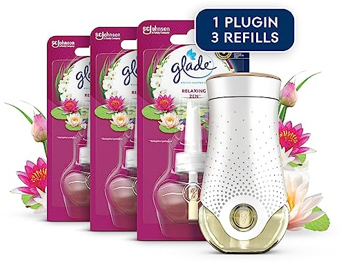 Glade Plug in Air Freshener Holder and Refill, Electric Scented Oil Room Air Freshener, Relaxing Zen, 1 Holder and 3 Refills (3 x 20ml)