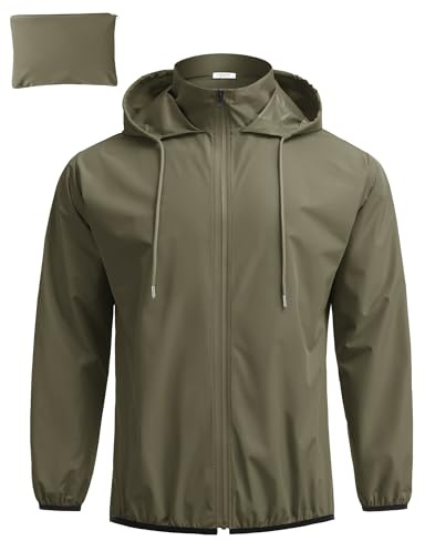 COOFANDY Raincoats for Men Light Packable Travel Rain Jacket Waterproof Rainwear Army Green XX-Large