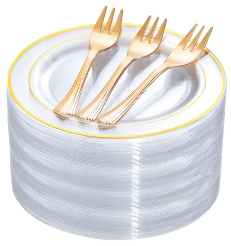 DaYammi 240Pcs Dessert Plates Include 120Pcs Gold Cake Plates 6.3inch with 120Pcs Gold Plastic Forks 5.7inch,Clear gold plates Disposable Salad Plate for Party Appetizer Plate for Wedding Birthday
