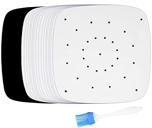 scosao 200 Stück Backpapier Perforiert, 7 Zoll Luftfritteuse Pergamentpapier Antihaft Perforiertes Papier Heißluftfritteuse Quadratisches Bambusdämpfer Dampfpapie für Kochen, Backen, Braten,White