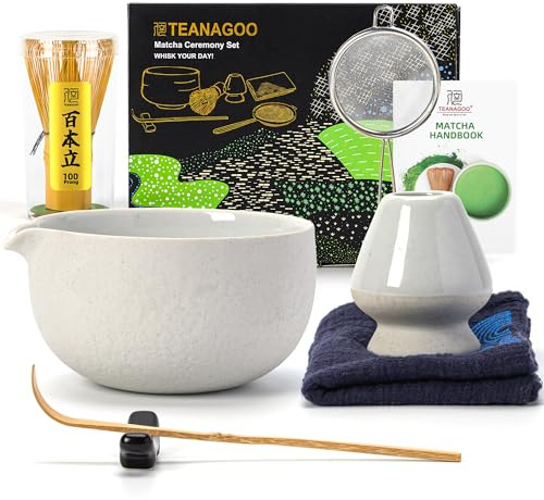 TEANAGOO Set da tè giapponese (7 pezzi) Ciotola per matcha con beccuccio Frusta per matcha in bambù (Chasen) Pala (Chashaku) Supporto per frusta per matcha Set frusta matcha N3 Grigio chiaro