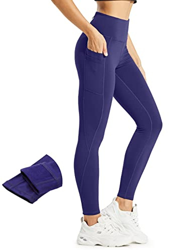 Comallan Legging Polaire Femme Hiver Leggings Chaud Femme Etanche Course Sport Yoga Training Thermique Thermo Pantalon avec Poches