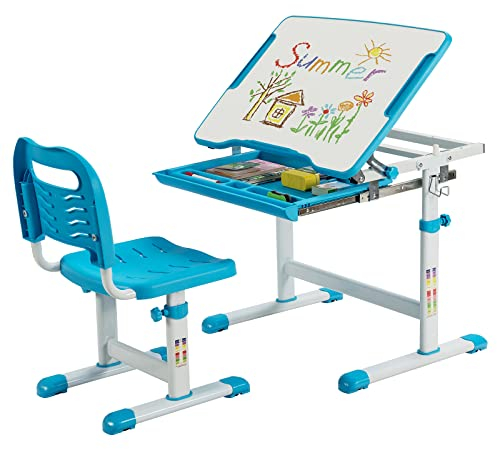 COSTWAY Schreibtisch Kinder, Kinderschreibtisch höhenverstellbar mit neigbarer Tischplatte & Schublade, multifunktionaler Schreibtisch mit Stuhl für Jungs & Mädchen (Blau)