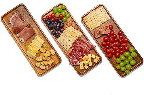 WLWNWFT Wooden Serving Platter Tray Set of 3 14.17x5.5in, Acacia Wood Serving Tray Boards Dessert Platter for Housewarming Serving Food Entertaining Party Kitchen Counter
