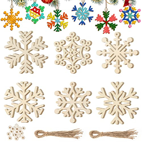 MELLIEX 18 Stück Christbaumanhänger Holz, Schneeflocken Weihnachtsbaumschmuck Holz Weihnachtsbaum Anhänger mit Jute Kordel, für DIY Basteln Geschenk Weihnachtdeko