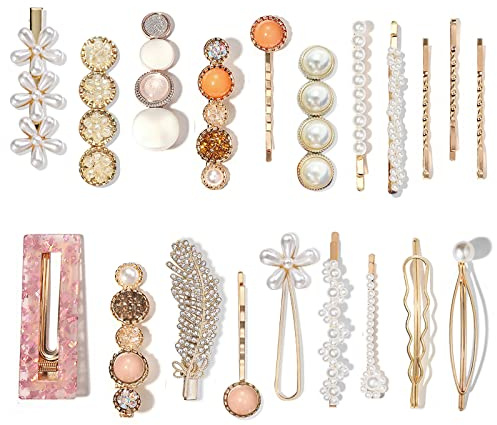 Mehayi Lot de 20 pinces à cheveux en perles et résine acrylique faites à la main en forme en marbre et strass géométriques - Accessoires pour cheveux élégants dorés - Cadeaux pour femmes et filles