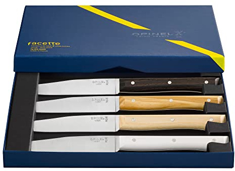 OPINEL - Estuche de 4 Cuchillos de Mesa Facette Variados - Hoja de Acero Inoxidable Liso - Mangos de Fresno, Olivo, Material Ecológico - Garantía de por Vida - Fabricación Francesa