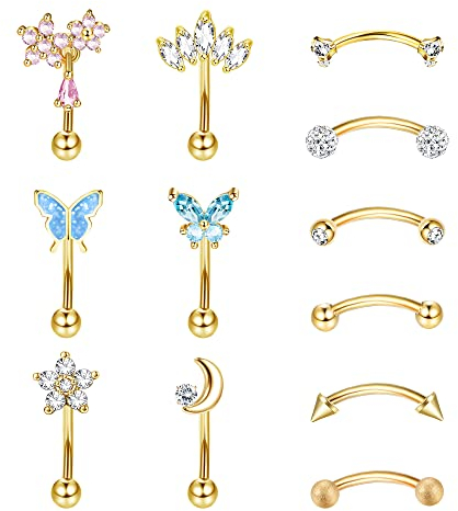 Dochais 12 Stück Piercing Augenbrauen Gold Piercing Curved Barbell Rook Piercings Ohr Bauchnabelpiercing Herz Mond Piercings Helix Conch Helix Daith 8mm 16G Schmuck für Mädchen Damen