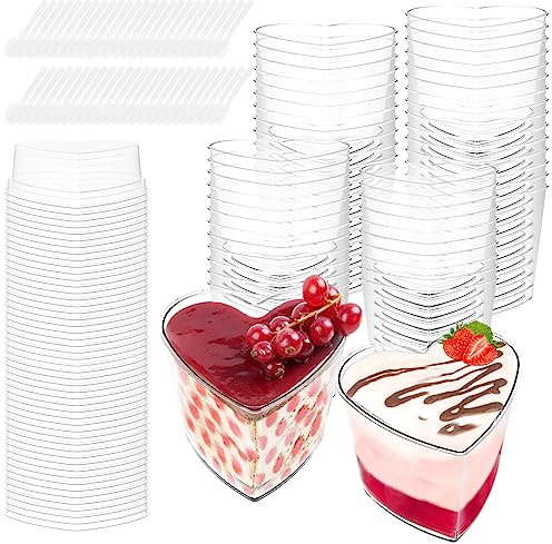 Foribyw 50Pcs Dessert Cups with Lids & Spoons,180ml Heart Shape Mini Reusable Dessert Pots Plastic Parfait Appetizer Bowl for Party Pudding Mousse Yogurt Snacks