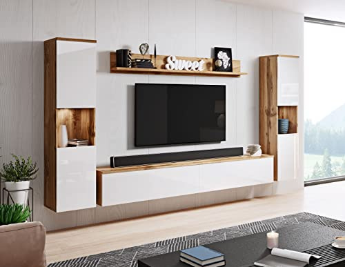 Conjunto de Muebles de salón Paris XL, iluminación LED incluida, Juego de Muebles de salón (Wotan/Blanco Brillo)