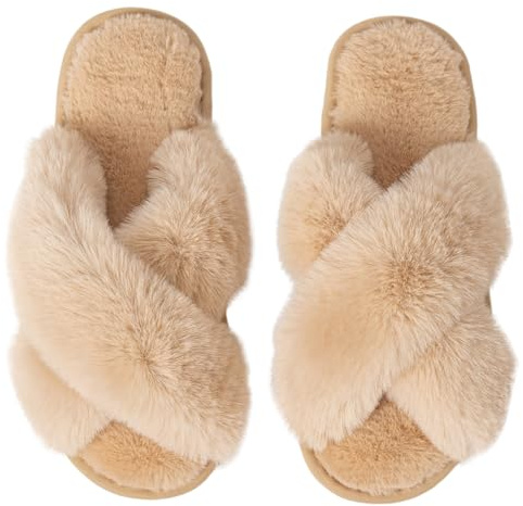 Csfry Women's Slippers Comfort Plush Fluffy Furry Open Toe House Slippers Indoor Outdoor Beige US7-8