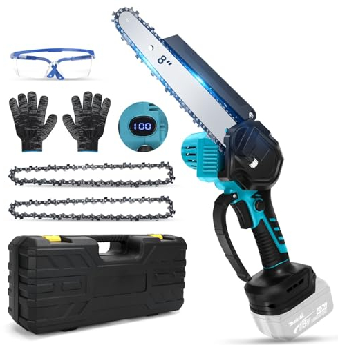 Mini Motosierra Bateria compatible con Makita 18V batería, Motosierra eléctrica sin escobillas de 8 pulgadas con pantalla digital, cadena, guantes, gafas de seguridad y maletín, para ramas de árboles