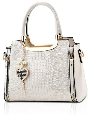 NICOLE & DORIS Mode Handtaschen Damen Schultertaschen Elegant Henkeltasche PU Leder Umhängetasche Crossbody Bag Krokodil Handtasche mit Anhänger Weiß