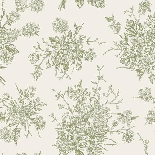 WESTICK Vintage Green Floral Wallpaper French Country Peel and Stick Green Floral Contact Paper for Bedroom Accent Wallpaper Removable Thick Neutral Cream Contact Paper for Walls Cabinets 17.5 x 100