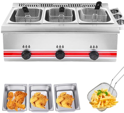 Friteuse à gaz professionnelle à 3 réservoirs avec panier frit et couvercle, friteuse en acier inoxydable épaissi 30 L, réglage de la température,pour chips de poulet frit/frites/pilon de poulet