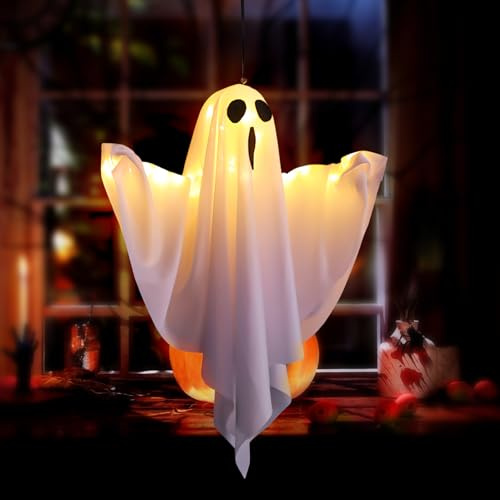 ZoneYan Halloween Decoración,Luz Fantasma Colgante de Halloween,Decoraciones Fantasmas Windsack Luces,Manga de Viento Fantasma Colgante con Luminoso Led,Espíritus Voladores,Patio,Jardín,Puerta,Casa