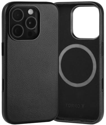 TORRO Echt Leder Hülle Kompatibel mit iPhone 16 Pro – MagSafe-Ladung-kompatible Schlanke Bumper Hülle (Schwarz)