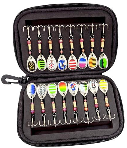 Señuelos de pesca para trucha – Señuelos de pesca multicolor | 16 x spinner de pesca para jiggen, señuelos de pesca de agua, señuelos de pesca de perca, juego de señuelos de metal con bolsa de