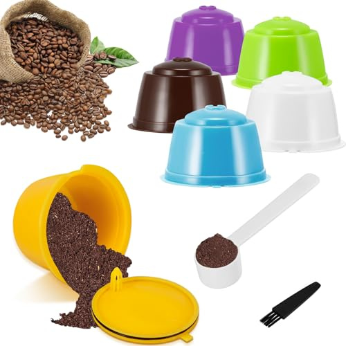 Lot de 6 Capsules Rechargeables Dolce Gusto avec Filtres à Café, Réutilisables pour Cafetière avec 1 Brosse et 1 Cuillère (Texture Douce)