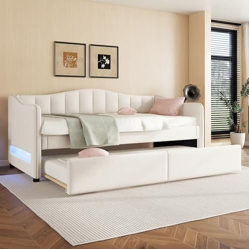 Polsterbett mit Ausziehbett 90x200 cm, Schlafsofa Tagesbett mit LED Beleuchtung und Lattenrost, Gästebett Daybett Kinderbett Sofabett Jugendbett Bettgestell Bettsofa, Leinen, Ohne Matratze, Beige