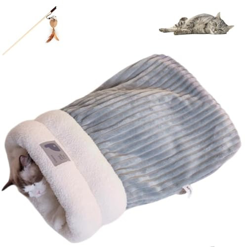 Generisch Cat Sleeping Bag, Cat Sleeping Bag for Indoor Cats, Cat Cave Bed, Self Warming Cat Bed, 360° Wrap Comfortable Soft Plush Large Cat Sack (Graublau-B-M)