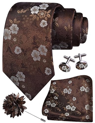 Gusleson Brown Tie for Men Wedding Business Party Floral Necktie Pocket Square Cufflinks and Lapel Pin Brooch Set (UK6107-26)