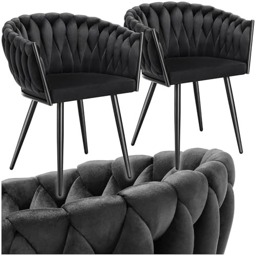 tectake® Samt Stuhl, Schalenstuhl mit Armlehne in Knoten Optik, Esszimmerstühle, Sessel modern für Wohnzimmer, Esszimmer, als Küchenstühle, für Schminktisch, Dining Chair Set - schwarz, 2er Set
