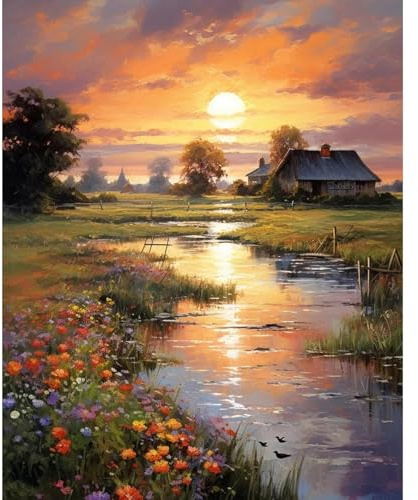 Fountor Countryside Sunset Paint by Numbers for Adults, Riverside Cabin Adult Paint by Numbers Canvas Kits Without Frame, DIY Acrylic Number Painting Adults for Gifts Home Wall Decor 16x20 Inch