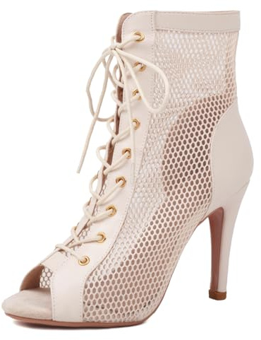 Donna Mesh Heels Gladiatore Sandali Stiletto Peep Toe Estate Stivaletti for Burju Danza Class Cordoncino Cocktail Festa Cage Performance Scarpe Beige Size 40