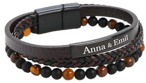Lumari Gold Personalisiertes Herren Lederarmband mit Gravur – Schwarz Edelstahl Elemente & Verschluss, Hypoallergen – Männliches Geschenk für Ihn, Braun