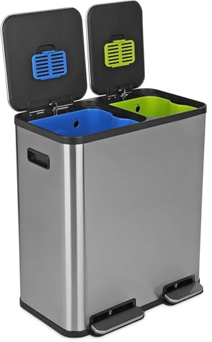 Simpli-Magic 18.5 Gallon (40L x 30L) Dual Compartment Step Trash Can – Kitchen Garbage Can with Waste & Recycling Bins – Slow-Close Lid, Odor Control, Hands-Free, Stainless Steel