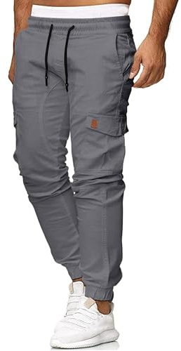 Pantaloni cargo da uomo, casual, da lavoro, da combattimento, aderenti, con coulisse, con tasche, Grigio, M
