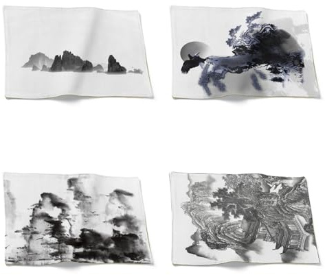 CEVAN Lino Tovaglietta Colazione Personalizzata con Foto Sottopiatti Economici Pittura di Paesaggio Inchiostro Stile Cinese Set di 4, Sottopiatto Tessuto Lavabile 21x32cm