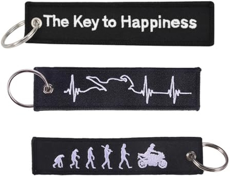 3 Pièces Porte-Clés Moto, Porte-clés Personnalisé avec Broderie, Porte-Clés Cyclomoteur en Tissu Noir The Key To Happiness Motif Électrocardiogramme Cadeau pour Moto Scooters Voiture Motards cadeaux