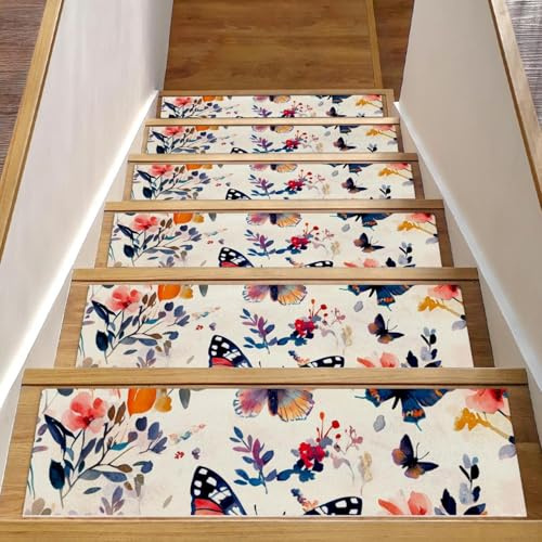 15 gradini per scale in legno, 20,3 x 76,2 cm, antiscivolo, per interni, per bambini, anziani e animali domestici, farfalle e fiori