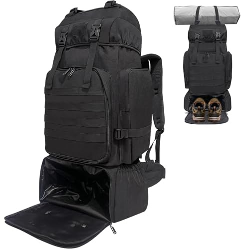 Lizbin Hiking Backpack, 80L Molle Military Tactical Rucksack, Camping Backpack with Shoe Compartment, Lightweight Rucksack for Men, Water Resistant Hiking Daypack Survival Bag Hiking Bag (Black)