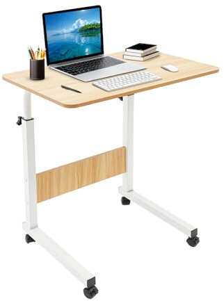 Scrivania regolabile in altezza, 70 – 90 cm, tavolo portatile con ruote e freni, tavolino pieghevole per divano, letto, casa, ufficio, MDF, ferro bianco, legno, 60 x 40 cm