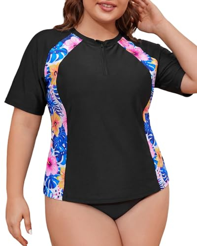 SHEKINI Womens Plus Size Rash Vest UPF 50+ Zipper Short Sleeve Swim Shirts | Sun Protection, Modest Swimsuit Tops