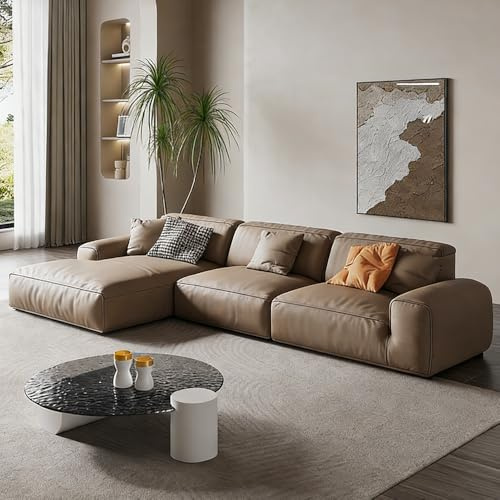 Italiensk lyx och enkelhet, L-formad kakifärgad lädersoffa. Rymlig och mjuk soffa med massiv träram, modern stor storlek, lämplig för vardagsrum/kontor/lägenhet.