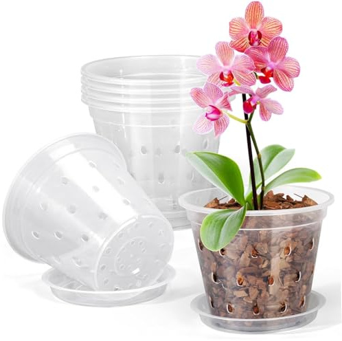Vasi per orchidee in plastica trasparente da 5 pezzi con fori e sottovasi, vasi per piante trasparenti per il rinvaso, drenaggio e ventilazione eccellenti per orchidee da interno ed esterno, piante g