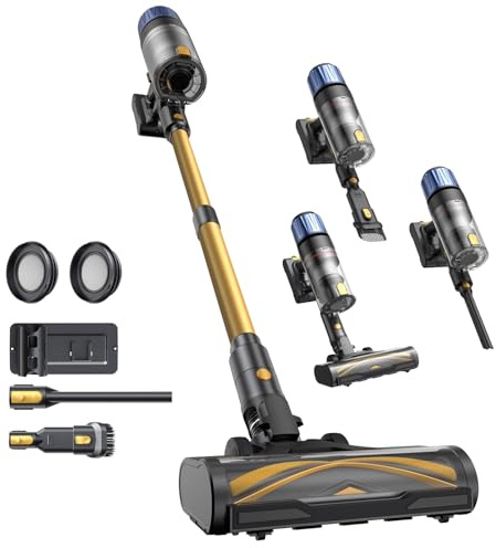 Proscenic P15 Lightweight Cordless Vacuum Cleaner, Stick Vacuum with Telescopic Tube, 70kpa/600w/70mins Detachable Battery, LED Display & Greeneye Tech for Hardfloor, Carpet and Pet Hair(Black Gold,M)