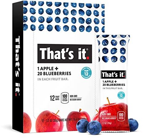 That's it. Apple + Blueberry 100% Natural Real Fruit Bar, Best High Fiber Vegan, Gluten Free Healthy Snack, Paleo for Children & Adults, Non GMO No Sugar Added, No Preservatives Energy Food (12 Pack)