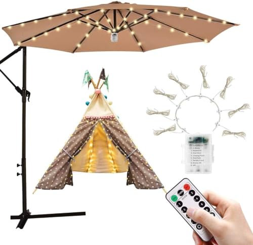 Parasol Lights Patio Umbrella Lights with 104 LED String Lights with Remote Control 8 Mode Waterproof Garden lights for Party Halloween Battery Operated patio control batteries lamps deck