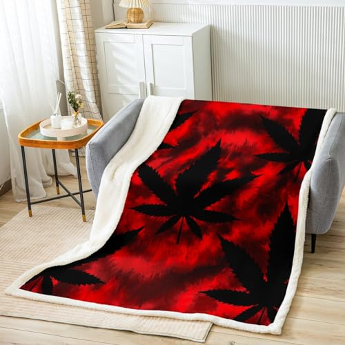 Cannabis Leaves Print Sherpa Fleece Blanket Red Black Tie Dye Vintage Hohemia Throw Blanket Kids Teens Adults Marijuana Weed Leaf Fuzzy Soft Blanket Bed Couch,Twin (60 x 80 Inches)
