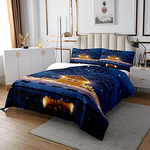 Homewish High Mountain Tagesdecke, Snow Mountain Bettwäsche-Set, Bettdecke mit natürlicher Landschaft 170x210, Holzhaus Winter Night View Gesteppte Bettdecke für Kinder Jungen Männer, Blue Room Decor